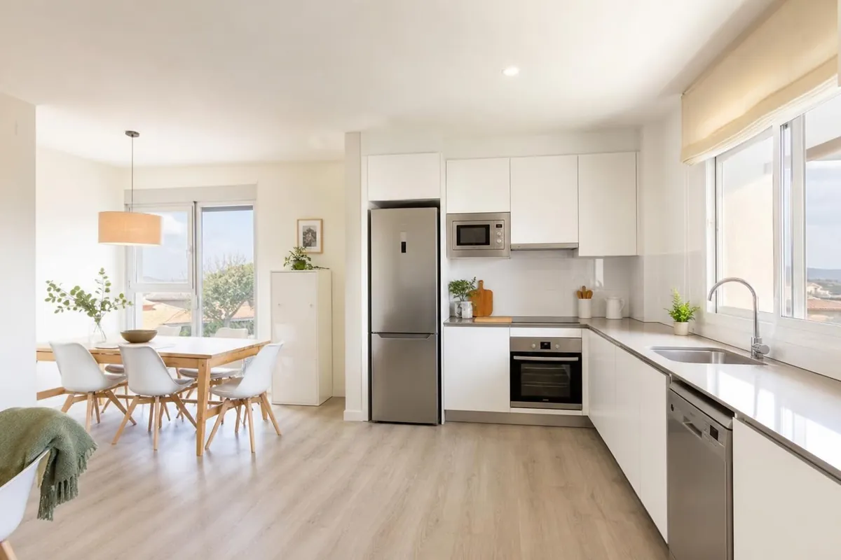 Cocina-comedor luminosa recién pintada en una vivienda de La Muela